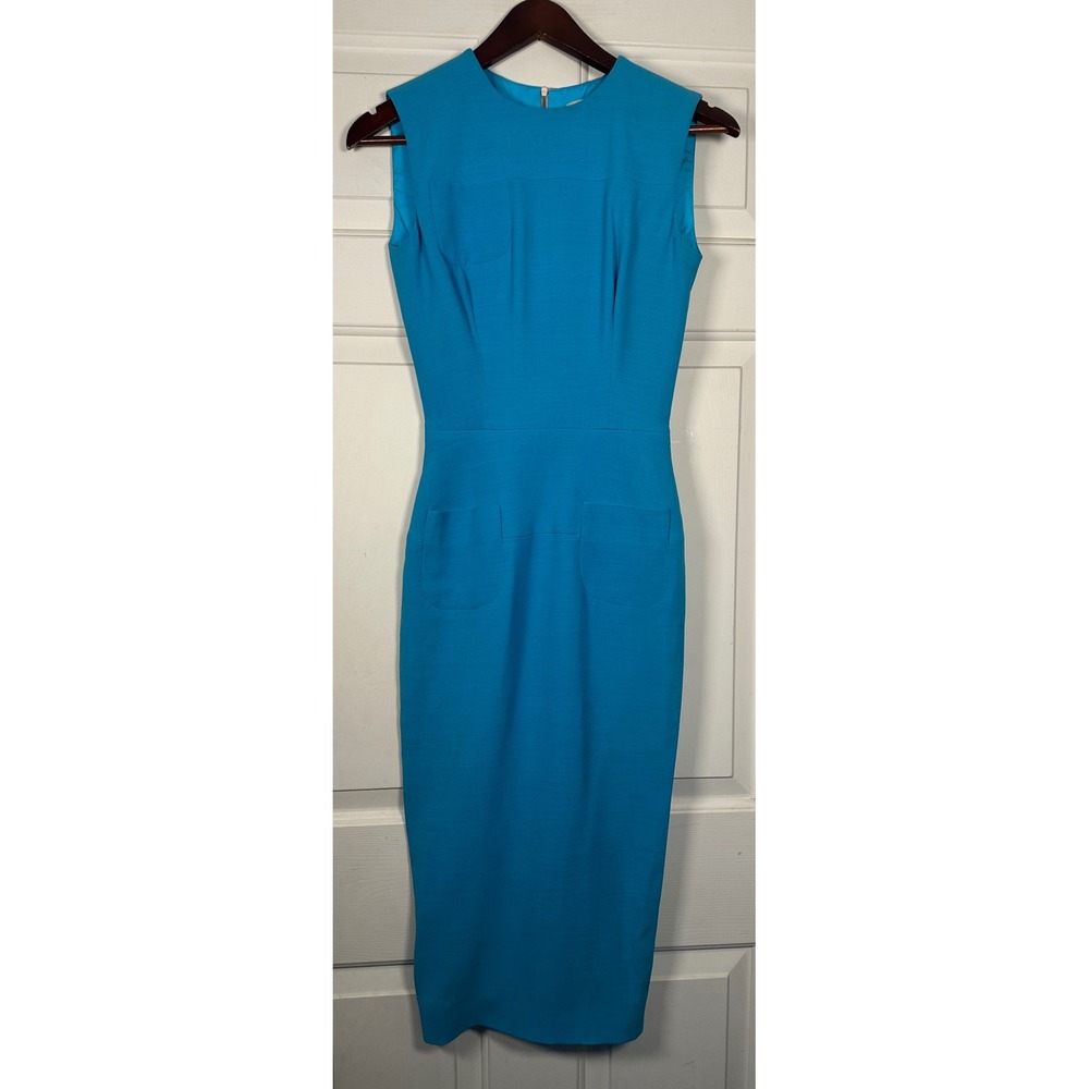 Victoria Beckham Dress No 133 Silk Wool Blue‎ Sleeveless Midi Sheath Dress US 2